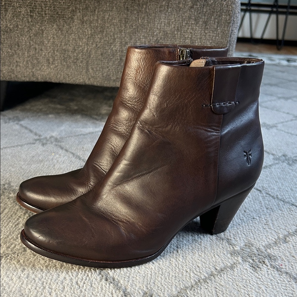 Frye Dark Brown Phoebe Leather Ankle Booties